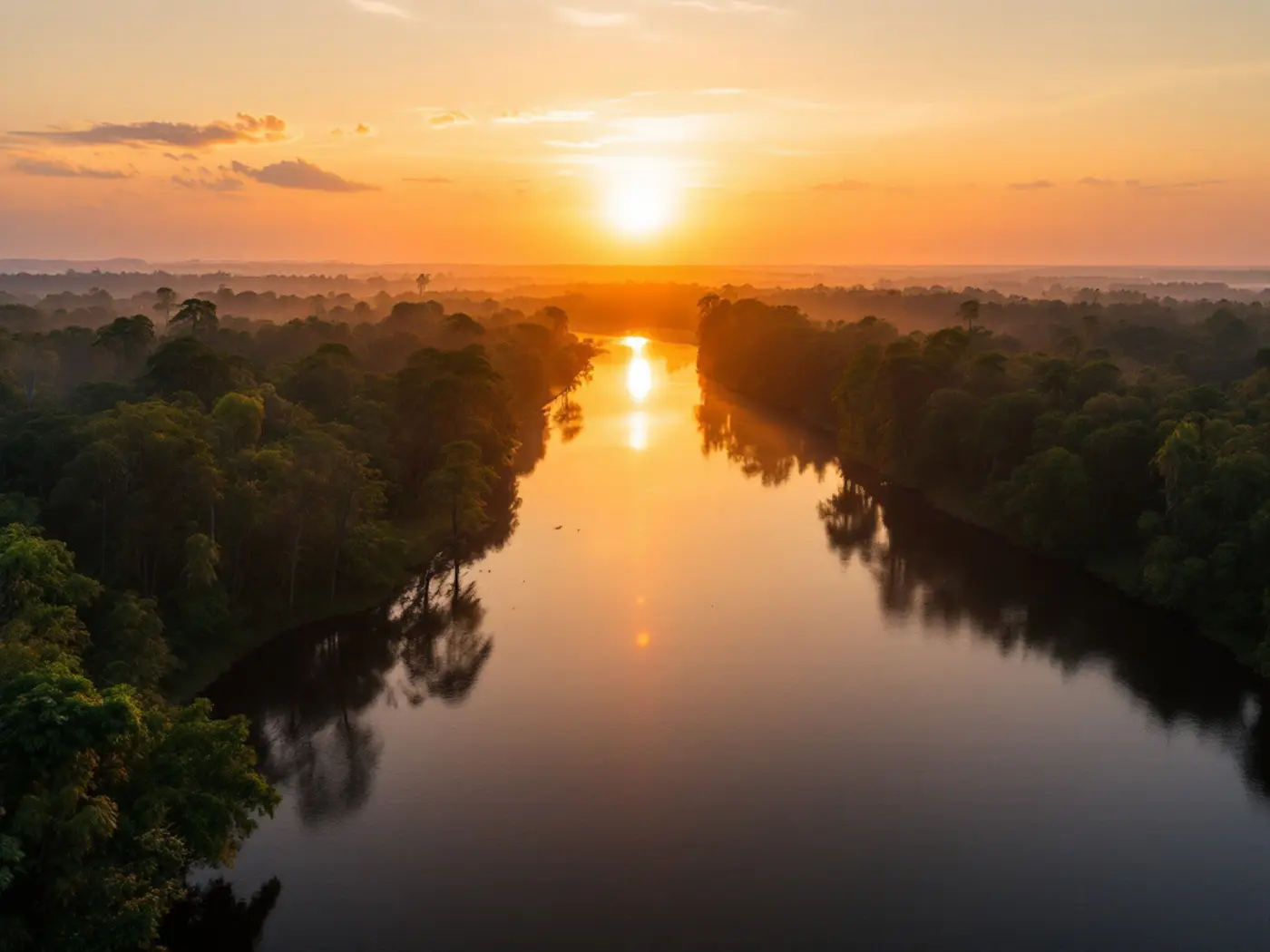 River in French Guiana at sunset, calm water bordered by dense tropical forest with a light mist.